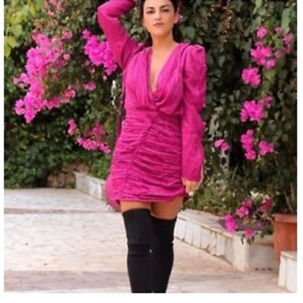 Zara Satin Effect Fuchsia Pink Polka Dot Mini Dress V-Neck Ruched Small